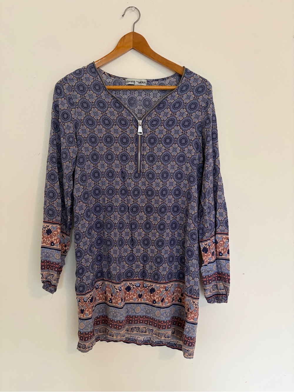 Almost Famous Navy and Peach Printed Long-Sleeve Tunic Dress